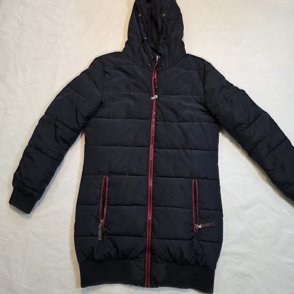 Levi Women's Puffer Coat S Navy Long Jacket Hooded Faux Fur urban utility scandi - Picture 4 of 12